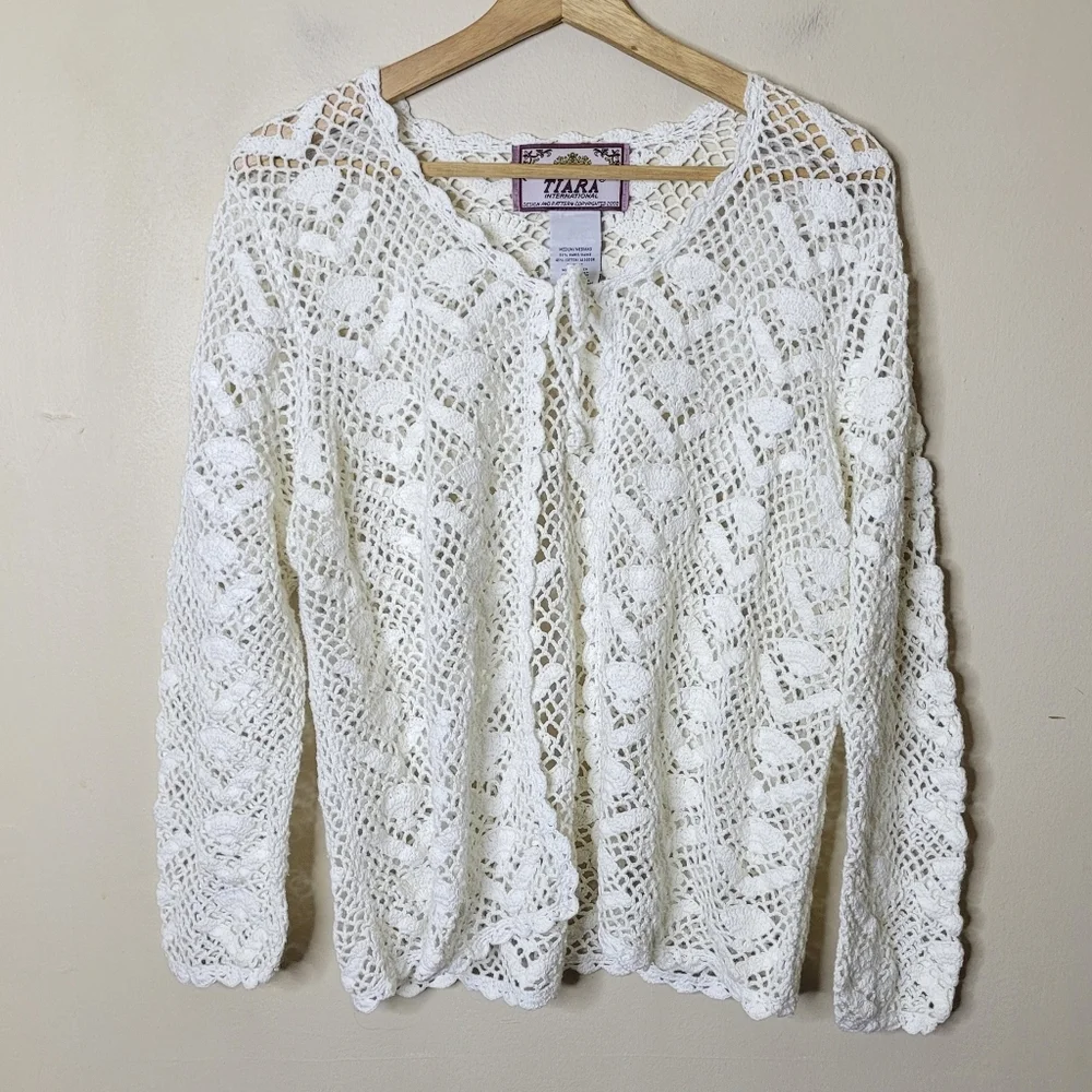 Tiara International Vintage Open Knit Crochet Top Size Medium - Picture 2 of 8